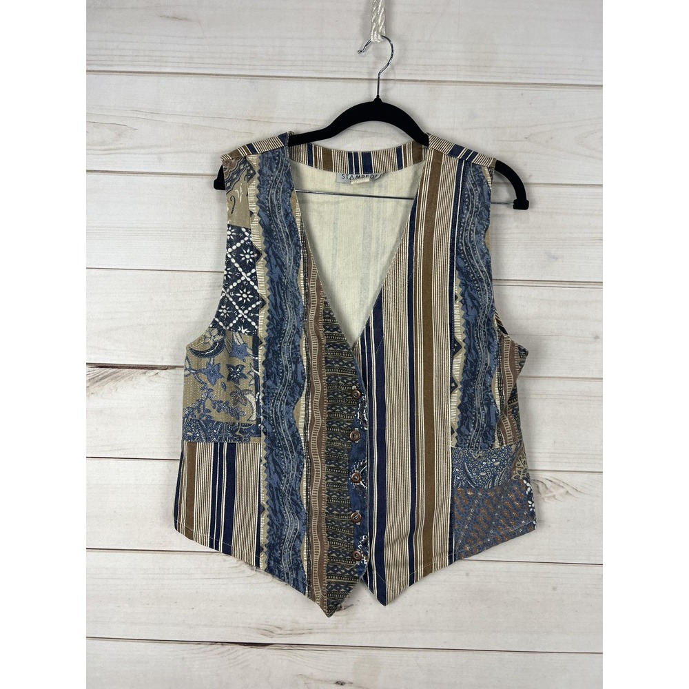 Vintage Stampede Vest Womens Medium Blue Stripe Patchwork Western Boho USA 90s